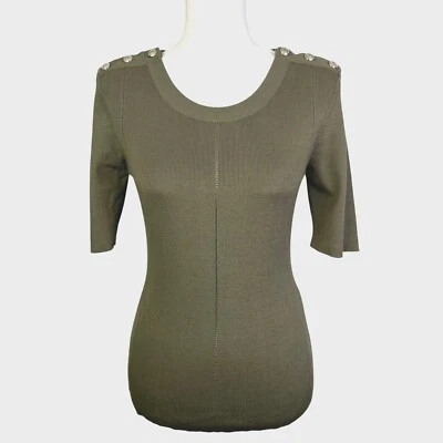 White House Black Market Steampunk Olive Green Knit Top Button Detail Size M - Image 1 of 4