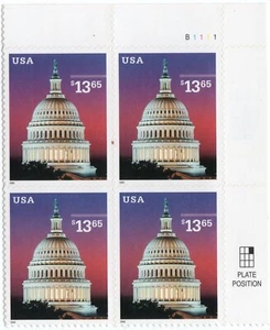 Scott #3648 13,65 $ Capitol Dome at Dusk Plate Block of 4 Stamps - MNH (UR) - Bild 1 von 1