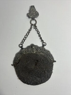 Antigua Cartera Chatelaine Cuentas Corte Acero Cuentas en Gamuza Eduardiana "Plata" Foto 1 de 4