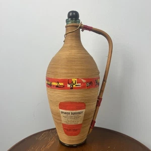 Vintage Spanish Burgundy Wine Bottle Rattan Wrapped With Handle & Cork MCM HTF - Picture 1 of 10