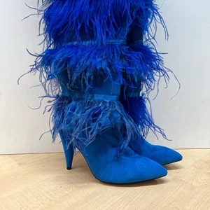 WOMENS blue feather boots UK 6.5 SUEDE FEATHERS HIGH HEEL BOOT - Picture 1 of 8