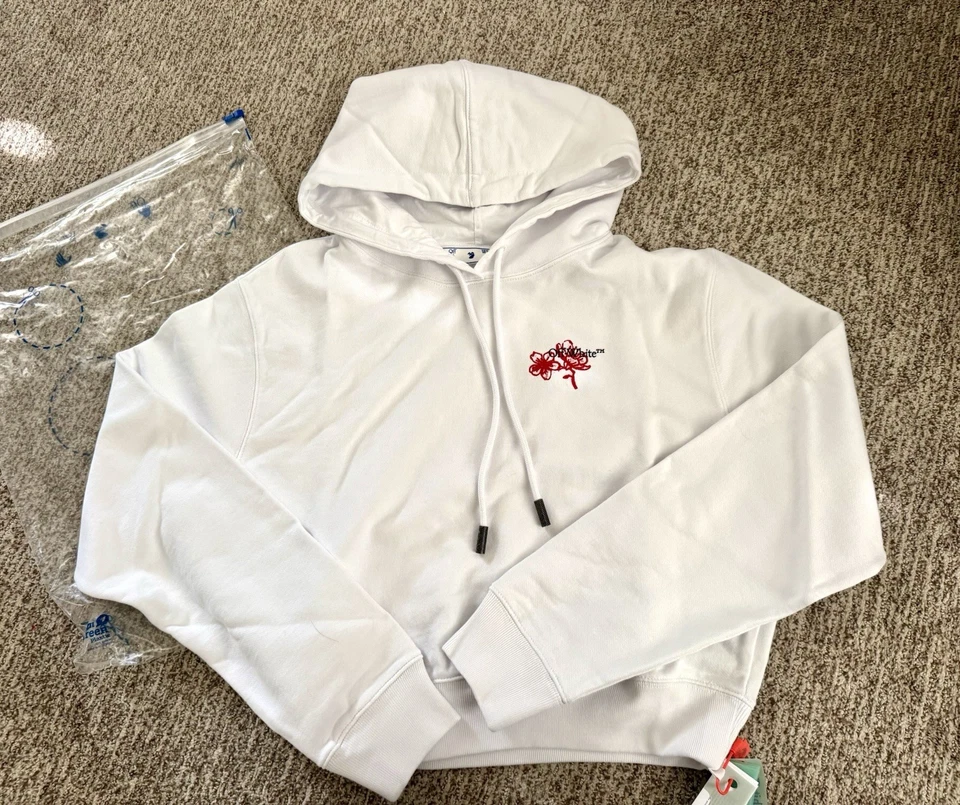 Brand New Authentic Off-White Cropped White Floral Hoodie Size Medium - Image 1 of 4