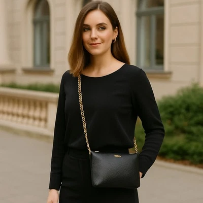 Cartera Bandolera Convertible Lodis Emily Cuero Guijarro Negro Cadena Dorada  Foto 1 de 4