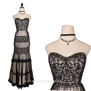 Terani Prom Dress Maxi Gown 4 Black Tan Lace Y2K Vintage Bead Mermaid Glam Guest - Picture 1 of 13