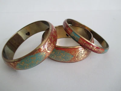 Set of 3 Brass Bangle Bracelets Red Teal Orange Overlay Inner Heart Cutout EXC - Image 1 of 4