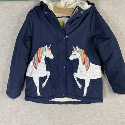 Chaqueta Abrigo Mini Boden Niña Forrada de Vellón con Capucha Azul Unicornios Talla 7-8 Años Foto 1 de 4