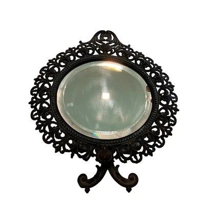 Vintage Antique IRON ART round mirror ornate cast iron frame w/ back stand - Image 1 of 4