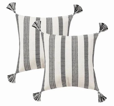 Fundas de almohada de granja a rayas negras blancas con borla. Cuadrado 20x20 (2). Foto 1 de 4