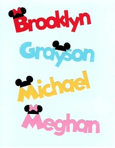 Mickey Mouse Name Die Cuts - 2 names, 2 ears, YOUR CHILD'S NAME(S) - Any Color - Picture 1 of 1