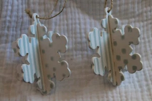 2 Wooden Snowflake Multidimensional Christmas Tree Ornaments White Blue Dots  - Picture 1 of 3
