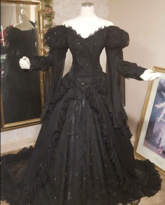 Medieval Black Gothic Wedding Dresses Renaissance Lace Victorian Bridal Gowns - Image 1 of 4