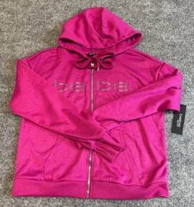 Bebe Sport Womens Hoodie Small Pink Cotton Beaded Logo Thumbhole Sleeve Full Zip - Picture 1 of 11