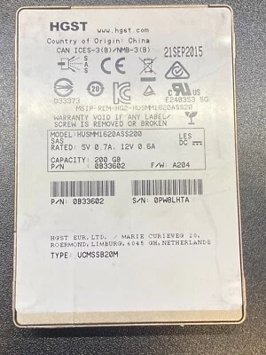 200GB 12Gb/s SAS 2.5" SSD HGST SSD1600MM HUSMM1620ASS200 (0B33602) DELL - Image 1 of 2