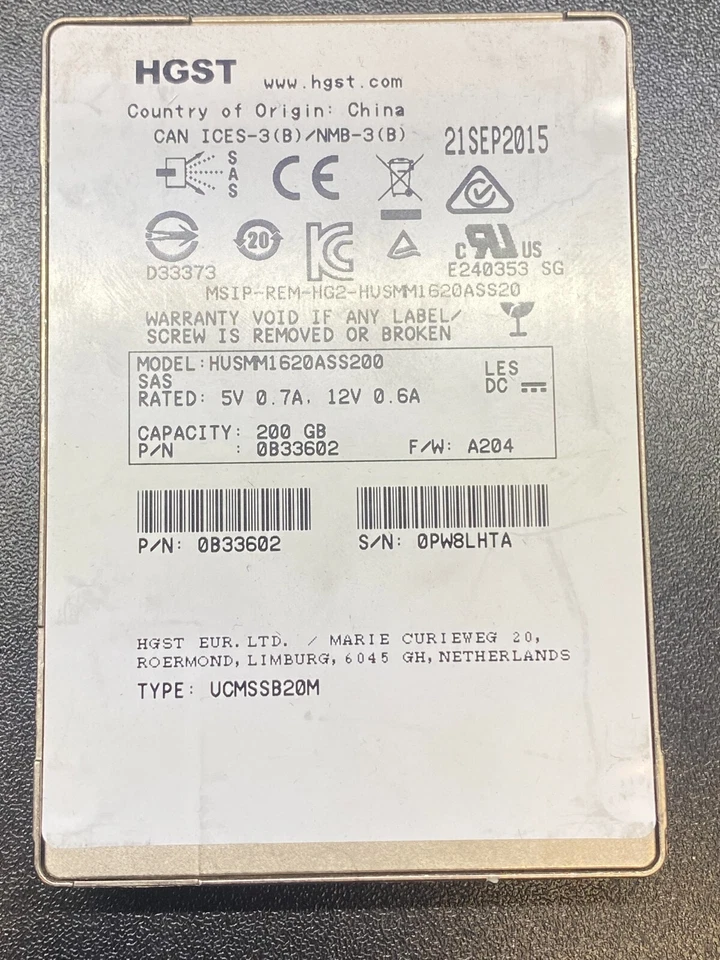 200GB 12Gb/s SAS 2.5" SSD HGST SSD1600MM HUSMM1620ASS200 (0B33602) DELL - Image 1 of 2
