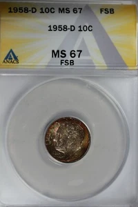 1958-D  .10   ANACS  MS 67 FSB   Roosevelt Dime, Roosevelt Head 10C - Picture 1 of 3