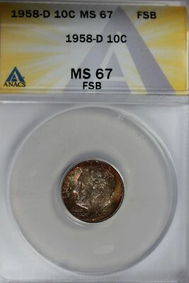 1958-D  .10   ANACS  MS 67 FSB   Roosevelt Dime, Roosevelt Head 10C - Image 1 of 3