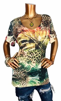 Blusa Avenida Azul 1X Plus Top Elástica Estampado Animal Naturaleza Tachonada Corta Slvs Foto 1 de 4