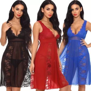 Womens Long Nightdress Sheer Eyelash Lace Sexy Lingerie Teddy Babydoll Dress Set - Picture 1 of 20