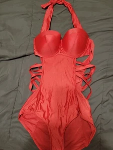 Red Swimsuit Size 16 Halter Underwire Strappy one piece - Picture 1 of 2
