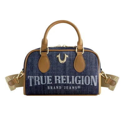 Nuevo con etiquetas Bolso Bandolera Original TRUE RELIGION Denim Logo Mini Cartera Azul Marrón Foto 1 de 4