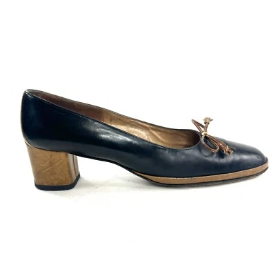 Peacock Shoe Shop Vintage Women Size 9 Black Brown Leather Block Heel Pump Bow - Image 1 of 4