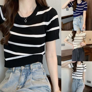 Stripe Patterned Women's Tee Made of Soft Fabric Perfect for Warm Weather - Picture 1 of 28
