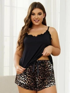 Plus Size Lace Trim Scoop Neck Cami and Printed Shorts Pajama Set - Picture 1 of 19