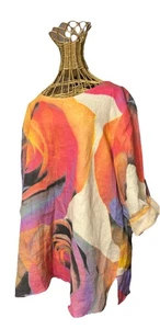 Camisa túnica CAROLINE ROSE talla 1X de lino multicolor arte para usar floral - Imagen 1 de 9