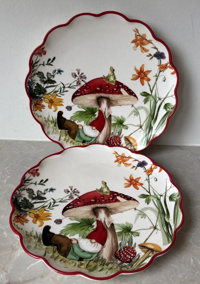 NEW NWT SET 2 Cracker Barrel Sleeping Gnome Mushroom Frog Flowers 8.25” Plate - Image 1 of 4