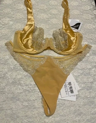 Conjunto de tanga sujetador balconette La Perla Sparkling Jasmine 32C S oro amarillo Foto 1 de 3