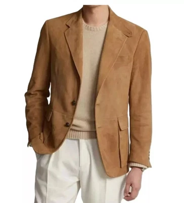 New Men’s Beige Genuine Soft Suede Leather TWO BUTTON Stylish Blazer - Image 1 of 4