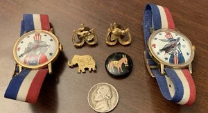 Politics Democrat Donkey+GOP Elephant Caricature-Band Vintage Watches+Pins-1952 - Picture 1 of 5