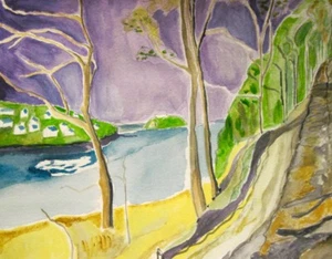 Irish VIEW OF THE ISLAND Purple Sky Ireland Watercolor Painting Sullivan 8x10 - Picture 1 of 3