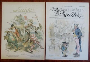Uncle Sam U.S. Politics Harrison 1880s Puck Political Cartoons Lot x 2 great art - Picture 1 of 3