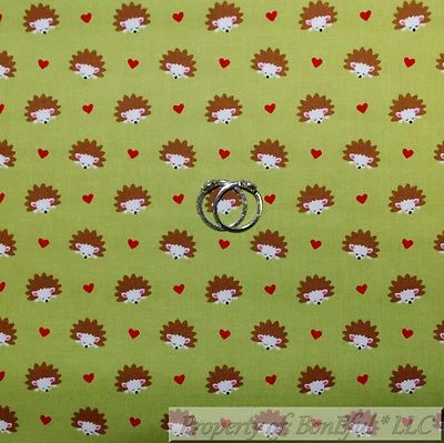 BonEful Fabric FQ Cotton Quilt Green Brown Red White Hedgehog Heart Stripe Small - Image 1 of 4