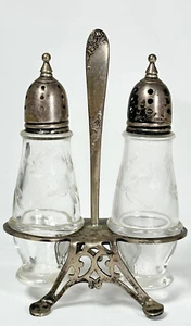 LUNT Sweetheart Rose Sterling Stand Crystal Salt Pepper Shakers Antique Caddy - Picture 1 of 10