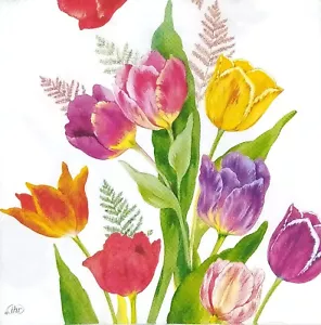 T619# 3 servilletas de papel individuales decoupage varios patrones de flores de tulipán en blanco - Imagen 1 de 12