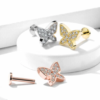 CZ Paved CNC Butterfly Top Labret Conch Tragus Helix Ear Cartilage Studs 16G - Image 1 of 3