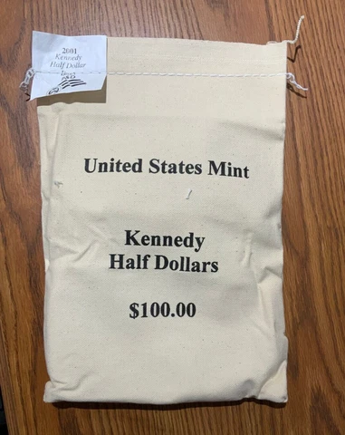 2001 P&D Kennedy Half Dollars Uncirculated $100 U.S. Mint sewn bag-Free Shipping Cover