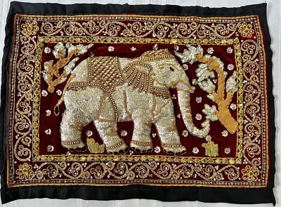 Tapiz Kalaga bordado elefante indio lentejuelas acolchado 25" x 16" arte de pared Foto 1 de 2