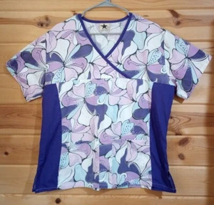 Black Star Purple Blue Floral Print Medical Nursing Scrub Top Uniform size Large - Picture 1 of 4