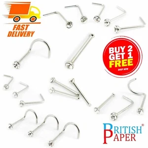 UK SILVER NOSE STUD STRAIGHT I L SCREW SHAPE SURGICAL STEEL PIN SET BAR PIERCING - Picture 1 of 57