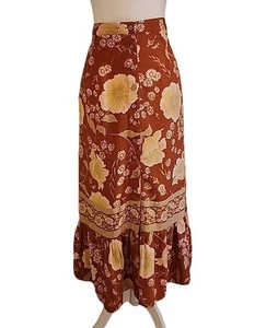 Stufen Maxi Rock Cottagecore 70er Boho Bauern Blumen Burnt Orange Damen Gr. M - Bild 1 von 12