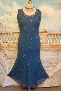 Dress 16 Blue Beaded Sequin Ballgown Flapper 1920 Vintage Style Ann Harvey Long - Picture 1 of 8