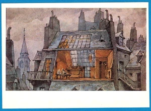 N.Benois 1978 Russian postcard RUDOLF'S ATELIER opera LA BOHÈME La Scala Theater - Picture 1 of 2