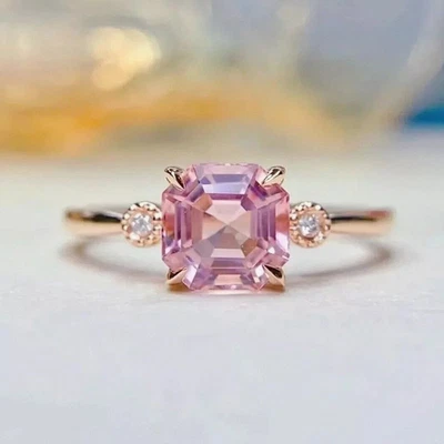 2Ct Asscher Cut Lab Created Pink Sapphire Engagement Ring 14K Rose Gold Plated - Image 1 of 4