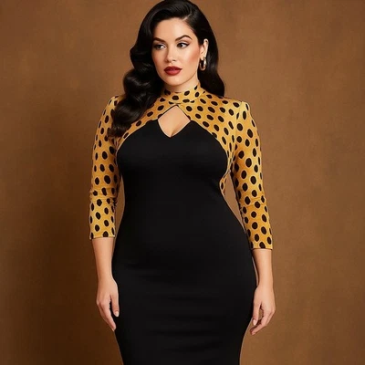 Vestido ceñido al cuerpo negro estampado leopardo vintage años 70 ojo de cerradura cuello falso disco glamour M Foto 1 de 4