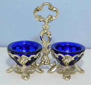 Lovely Silver Plate Cobalt Blue Glass Double Condiment Salt Server - Picture 1 of 7