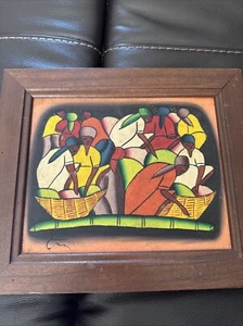 Haitianische Volkskunst Gemälde Frauen mit Körben neu gerahmt - Öl auf Leinwand (kleiner Riss) - Bild 1 von 5