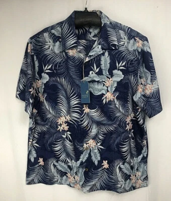 Caribbean Men Shirt XL Button Down Silk Blend Short Sleeve Hawaiian Navy New - Image 1 of 4